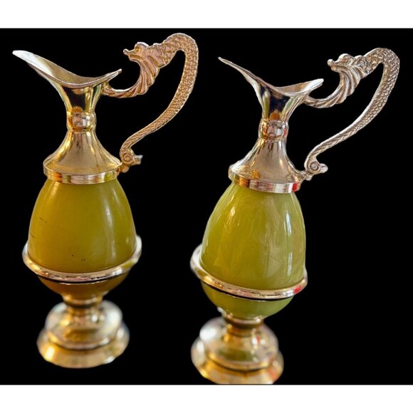 Vintage Pair of Onyx Brass England Small Vases Pitchers Jugs - Picture 2 of 16